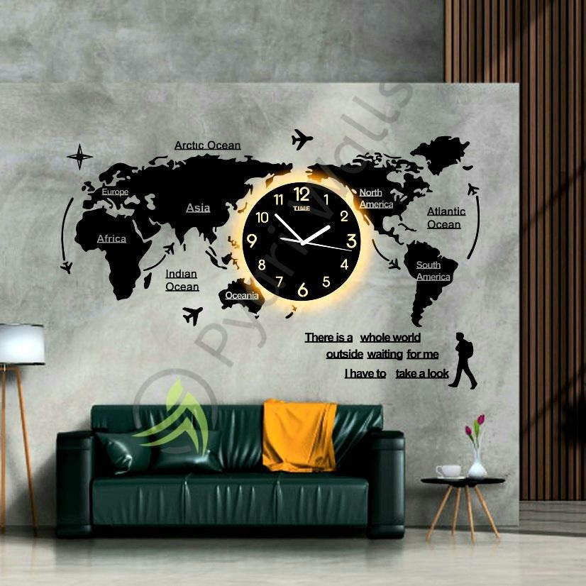 World Map Wall Clock with Rope Light(Large)