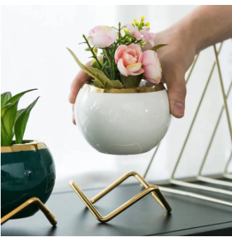 Small Table Ceramic Flower Vase with Iron Stand,